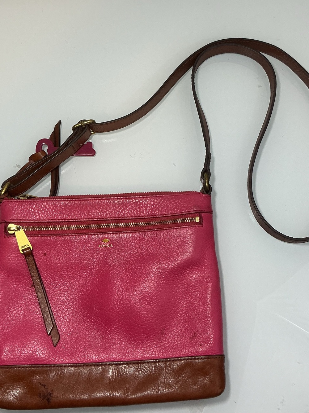 Fossil Womens Pink Brown Pebbled Leather Crossbody Bag Purse Small